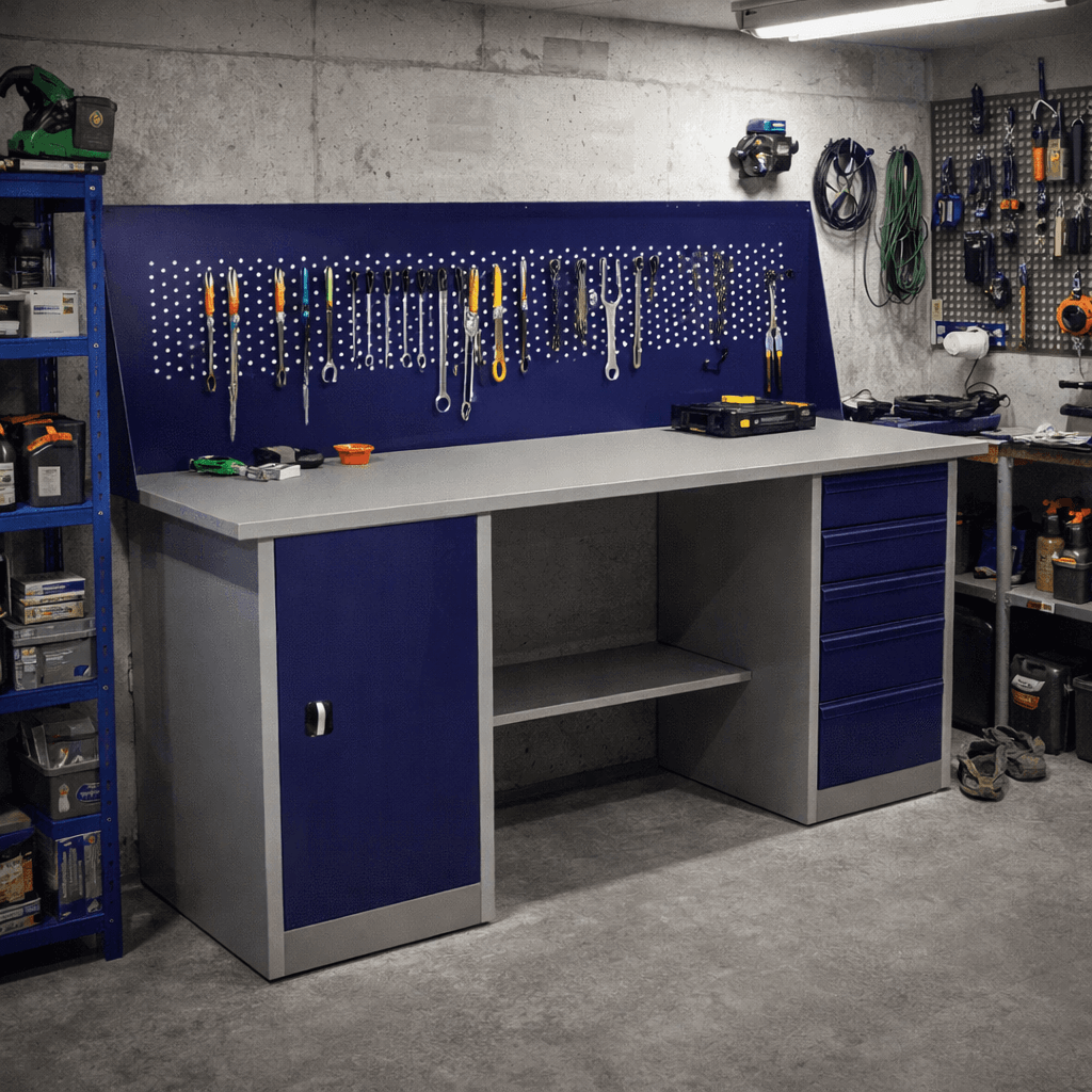 Металлический слесарный верстак в мастерской