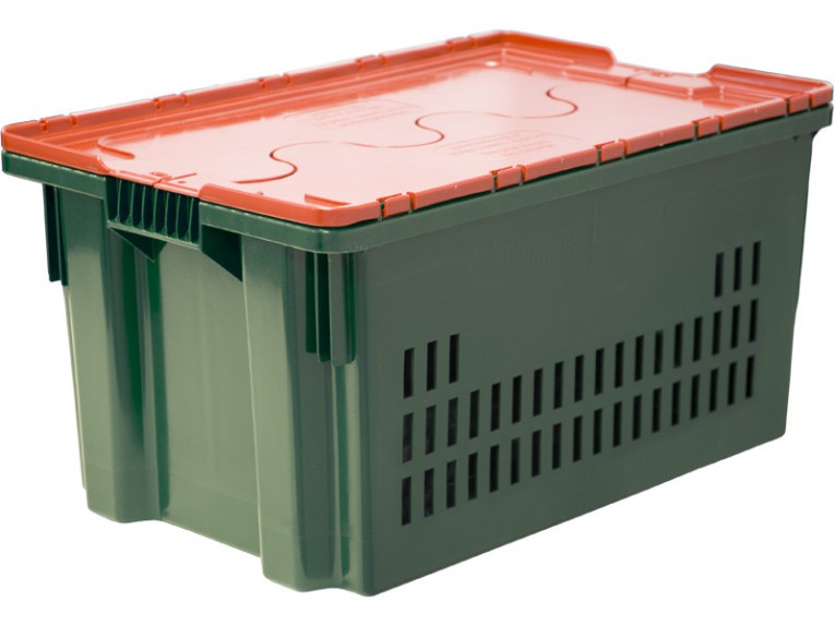 Ящик 600х400х300 дно сплошное, стенки перфорированные, Safe PRO цв. зелёный с оранжевой крышкой 