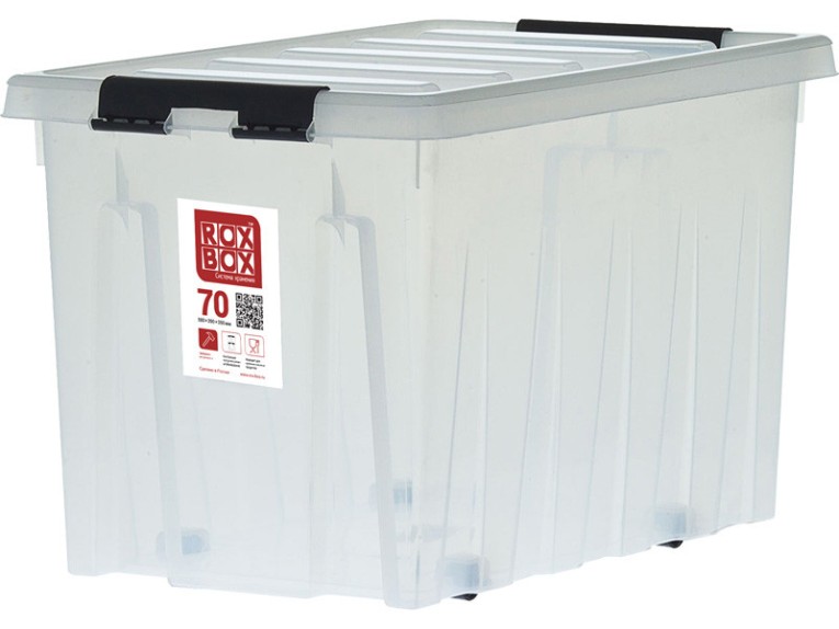 Контейнер Rox Box Original 70 (580х390х350 мм с крышкой и клипсами, на роликах, прозрачный) 